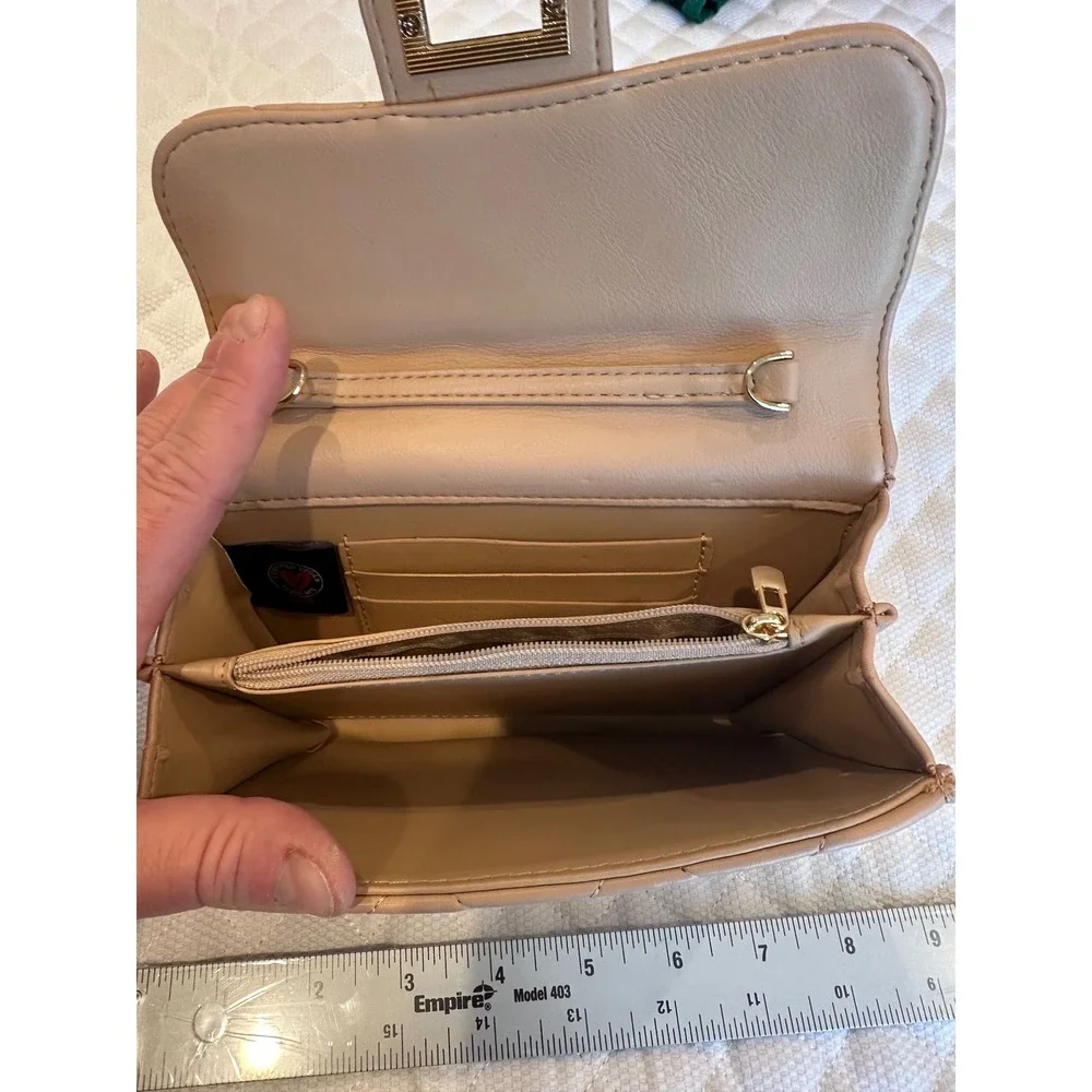 Beige Quilted Vegan Faux  Wallet Turn Lock Convertible Clutch Nude